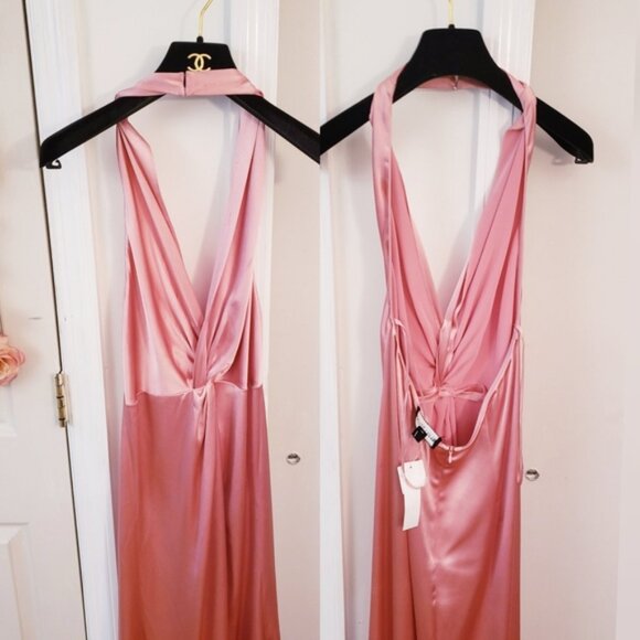 $500 NWT JILL STUART Light Pink Maxi Dress 12 LARGE Halter Glossy Evening Satin - Picture 6 of 11
